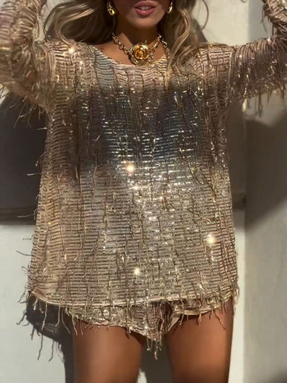 Women's Round Neck Tassel Sequined Casual Suit - Seldom Seen Styles
