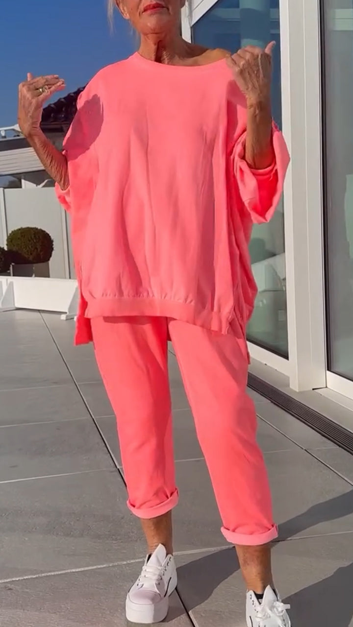 Women's Round Neck Slit Fluorescent Color Casual Suit - Seldom Seen Styles