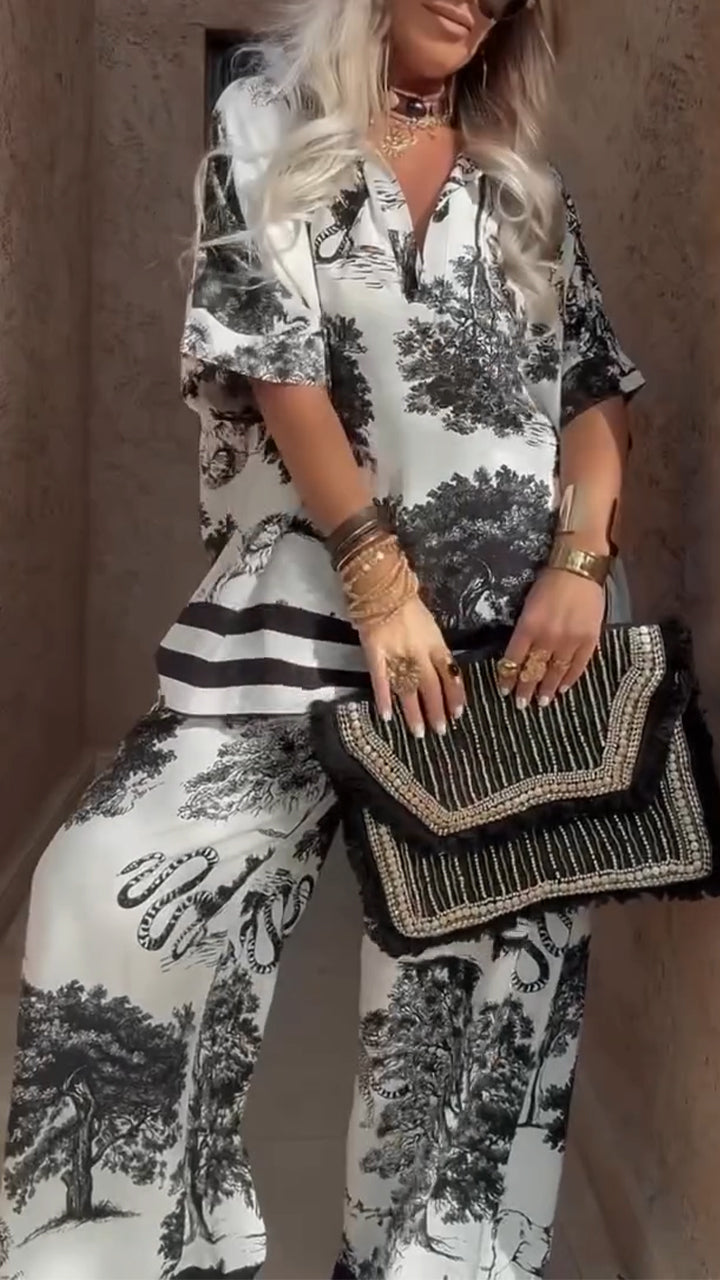 Women's V-neck Top + Printed Trousers Casual Suit - Seldom Seen Styles