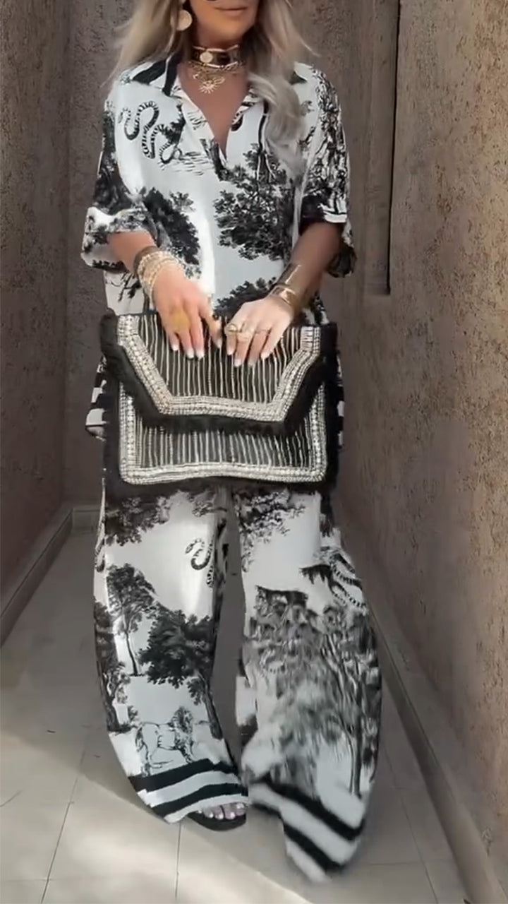 Women's V-neck Top + Printed Trousers Casual Suit - Seldom Seen Styles