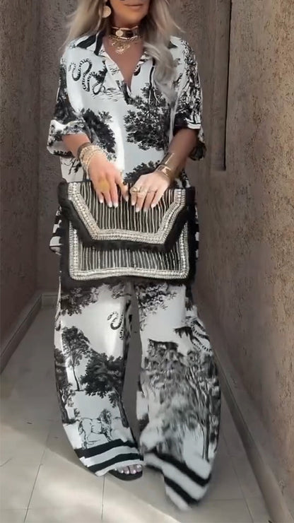 Women's V-neck Top + Printed Trousers Casual Suit - Seldom Seen Styles