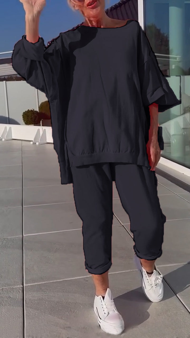 Women's Round Neck Slit Fluorescent Color Casual Suit - Seldom Seen Styles