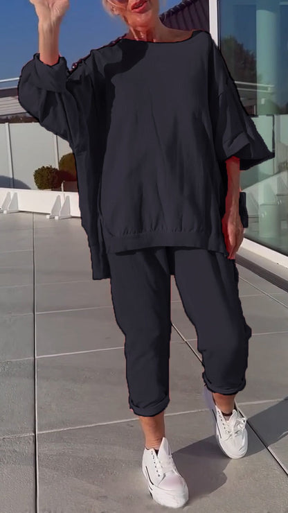 Women's Round Neck Slit Fluorescent Color Casual Suit - Seldom Seen Styles