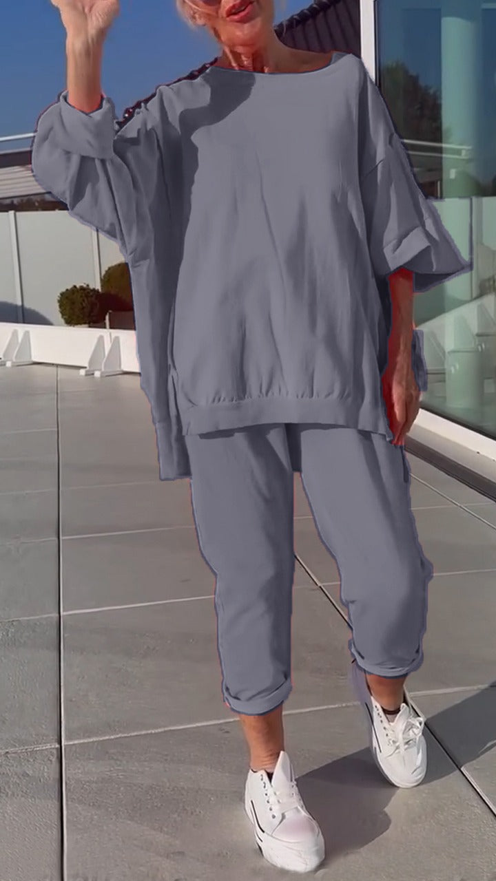 Women's Round Neck Slit Fluorescent Color Casual Suit - Seldom Seen Styles