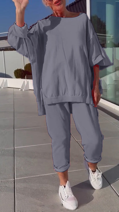 Women's Round Neck Slit Fluorescent Color Casual Suit - Seldom Seen Styles