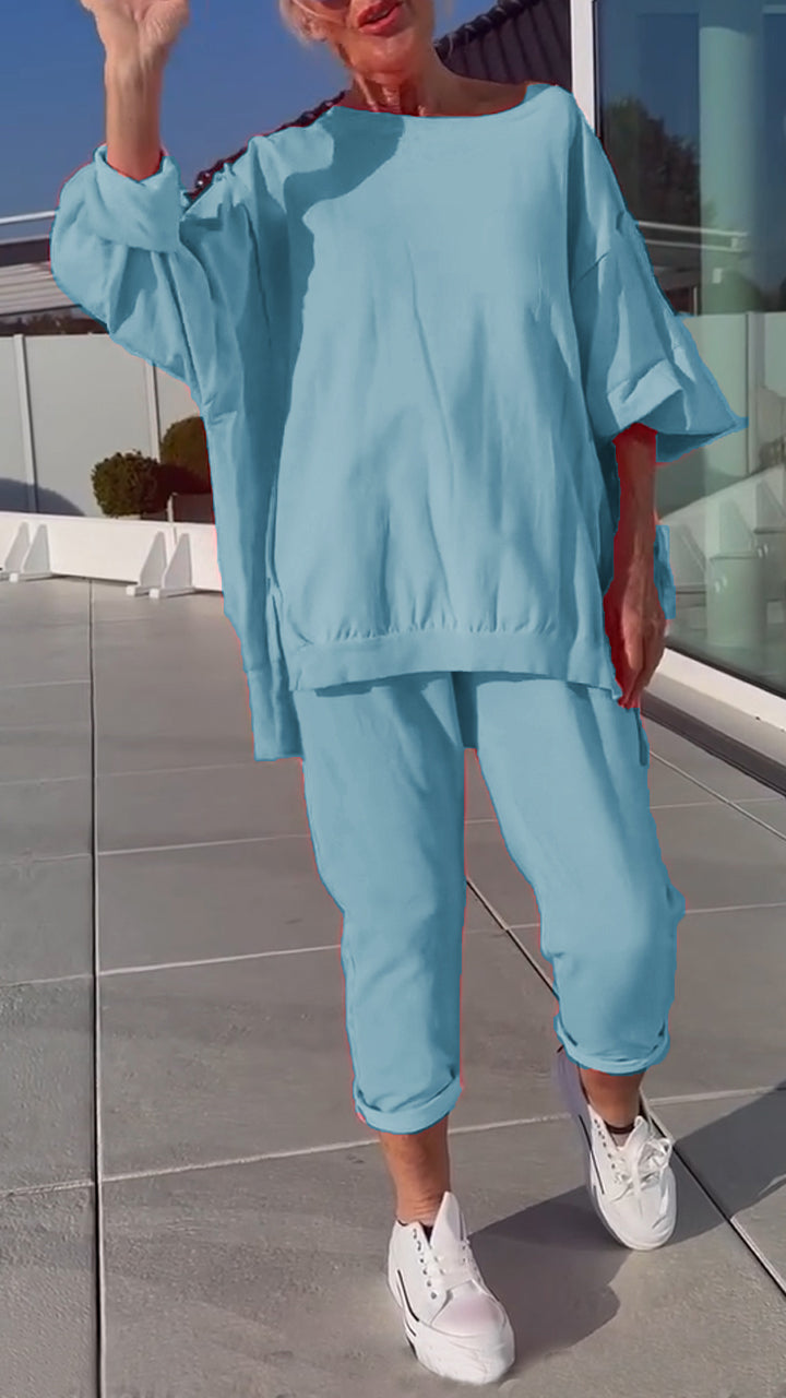 Women's Round Neck Slit Fluorescent Color Casual Suit - Seldom Seen Styles