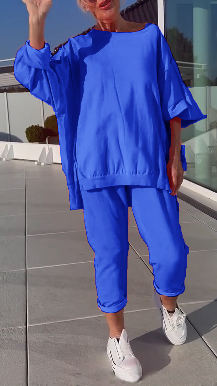 Women's Round Neck Slit Fluorescent Color Casual Suit - Seldom Seen Styles