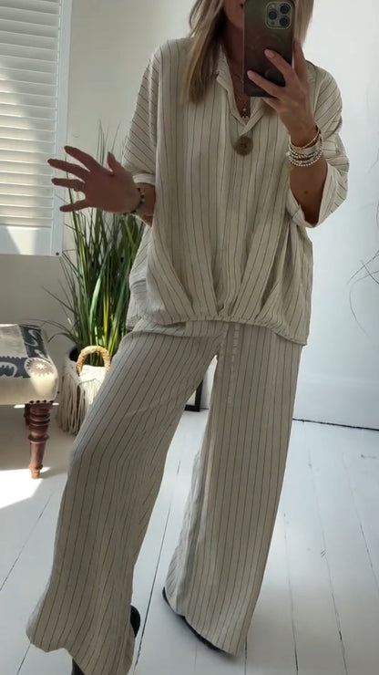 Ladies' Collar Striped Loose Casual Suit - Seldom Seen Styles