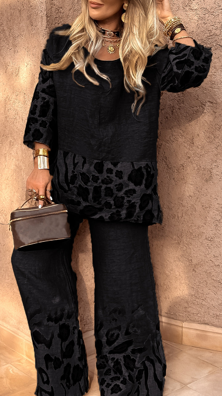 Women's Round Neck Leopard Print Cotton and Linen Casual Suit - Seldom Seen Styles