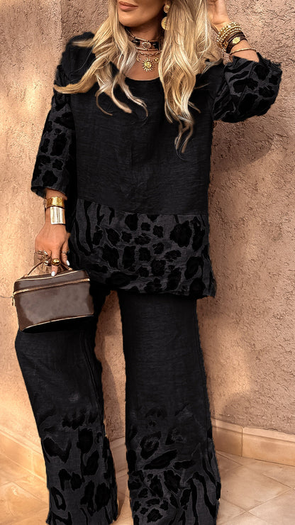Women's Round Neck Leopard Print Cotton and Linen Casual Suit - Seldom Seen Styles