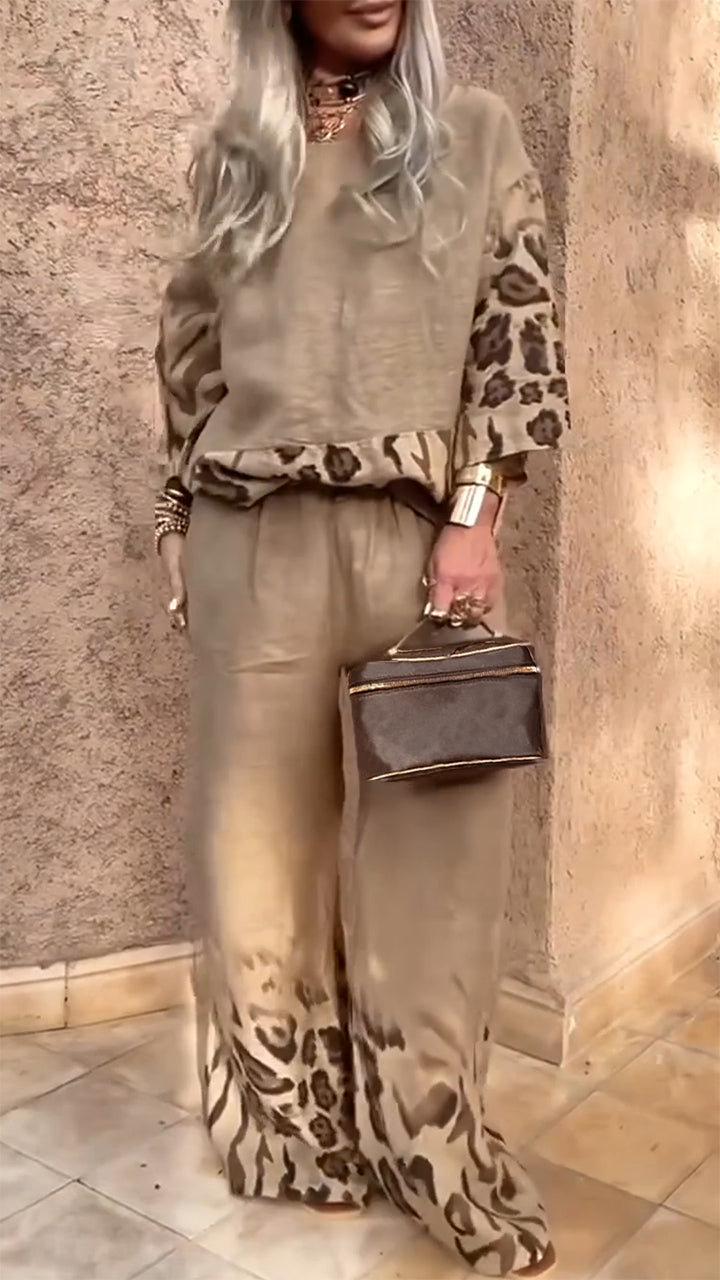 Women's Round Neck Leopard Print Cotton and Linen Casual Suit - Seldom Seen Styles