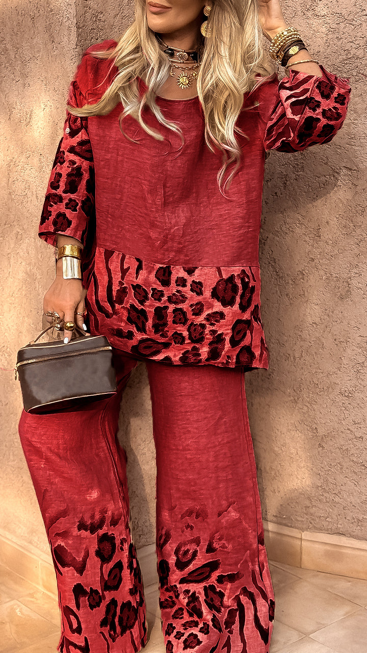 Women's Round Neck Leopard Print Cotton and Linen Casual Suit - Seldom Seen Styles