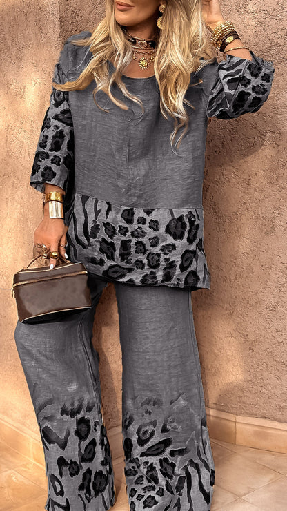 Women's Round Neck Leopard Print Cotton and Linen Casual Suit - Seldom Seen Styles