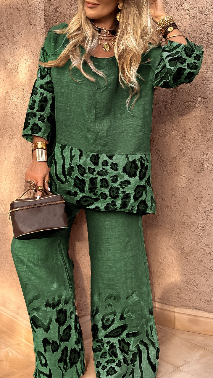 Women's Round Neck Leopard Print Cotton and Linen Casual Suit - Seldom Seen Styles
