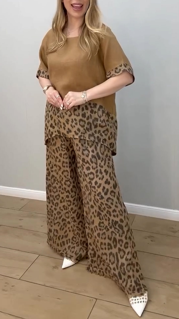 Women's Round Neck Leopard Print Cotton and Linen Casual Suit - Seldom Seen Styles