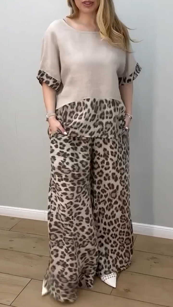 Women's Round Neck Leopard Print Cotton and Linen Casual Suit - Seldom Seen Styles