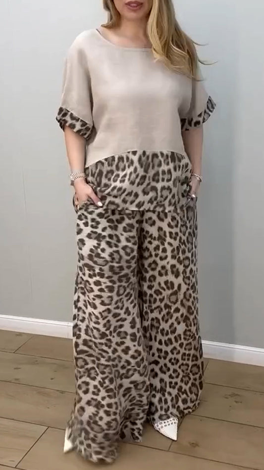 Women's Round Neck Leopard Print Cotton and Linen Casual Suit - Seldom Seen Styles