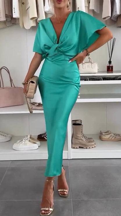 Women's V-neck Twisted Slim Fit Temperament Commuter Dress - Seldom Seen Styles