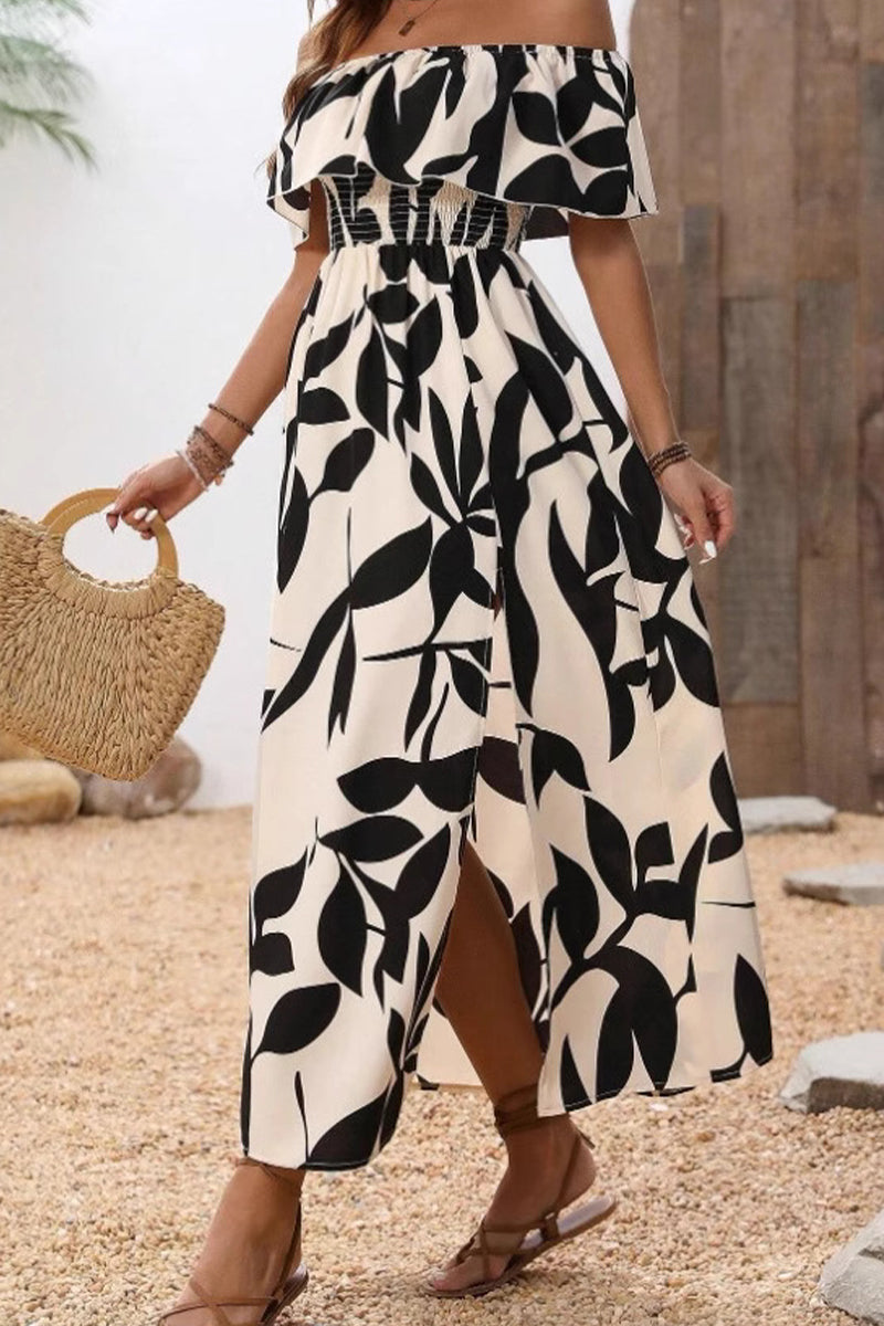 Ladies' One Collar Printed Slit Casual Dress - Seldom Seen Styles