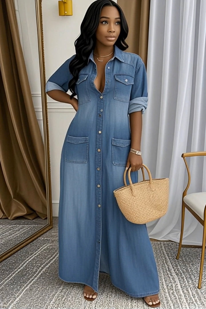 Ladies' Lapel Wash Water Splicing Pocket Casual Dress - Seldom Seen Styles