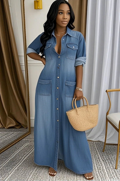 Ladies' Lapel Wash Water Splicing Pocket Casual Dress - Seldom Seen Styles