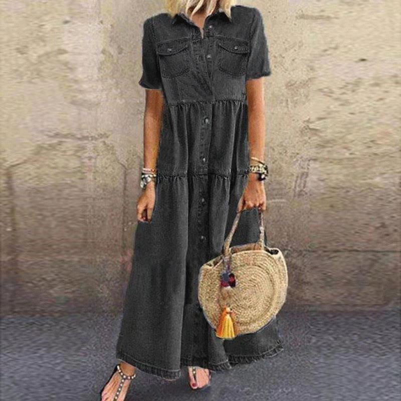 Ladies' Lapel Patchwork Buckle Printed Casual Dress - Seldom Seen Styles