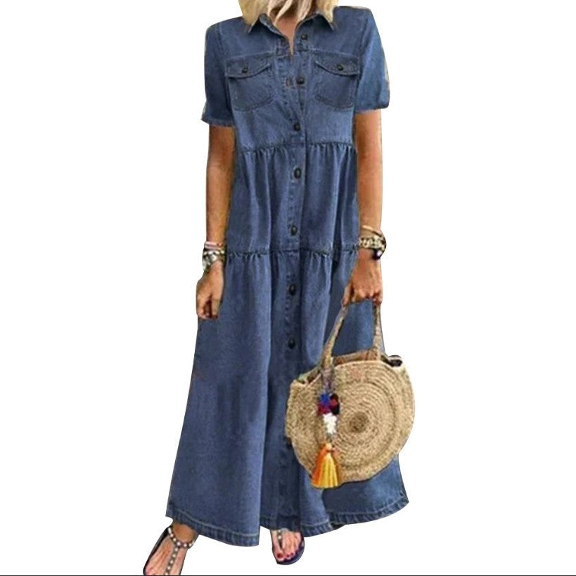 Ladies' Lapel Patchwork Buckle Printed Casual Dress - Seldom Seen Styles