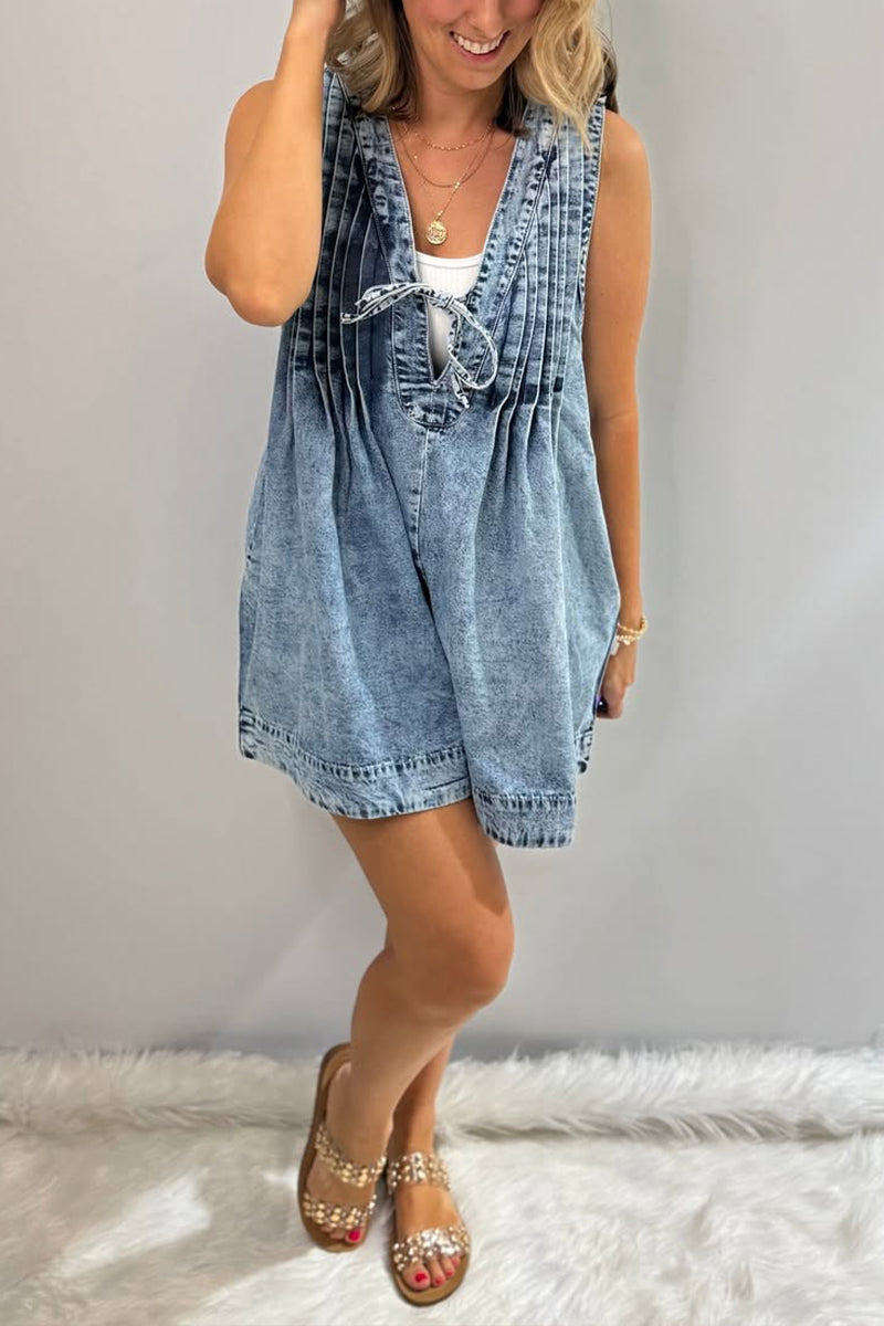Women's V-neck Patchwork Pleated Washed Water Casual Short Jumpsuit - Seldom Seen Styles