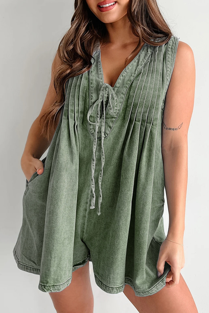 Women's V-neck Patchwork Pleated Washed Water Casual Short Jumpsuit - Seldom Seen Styles