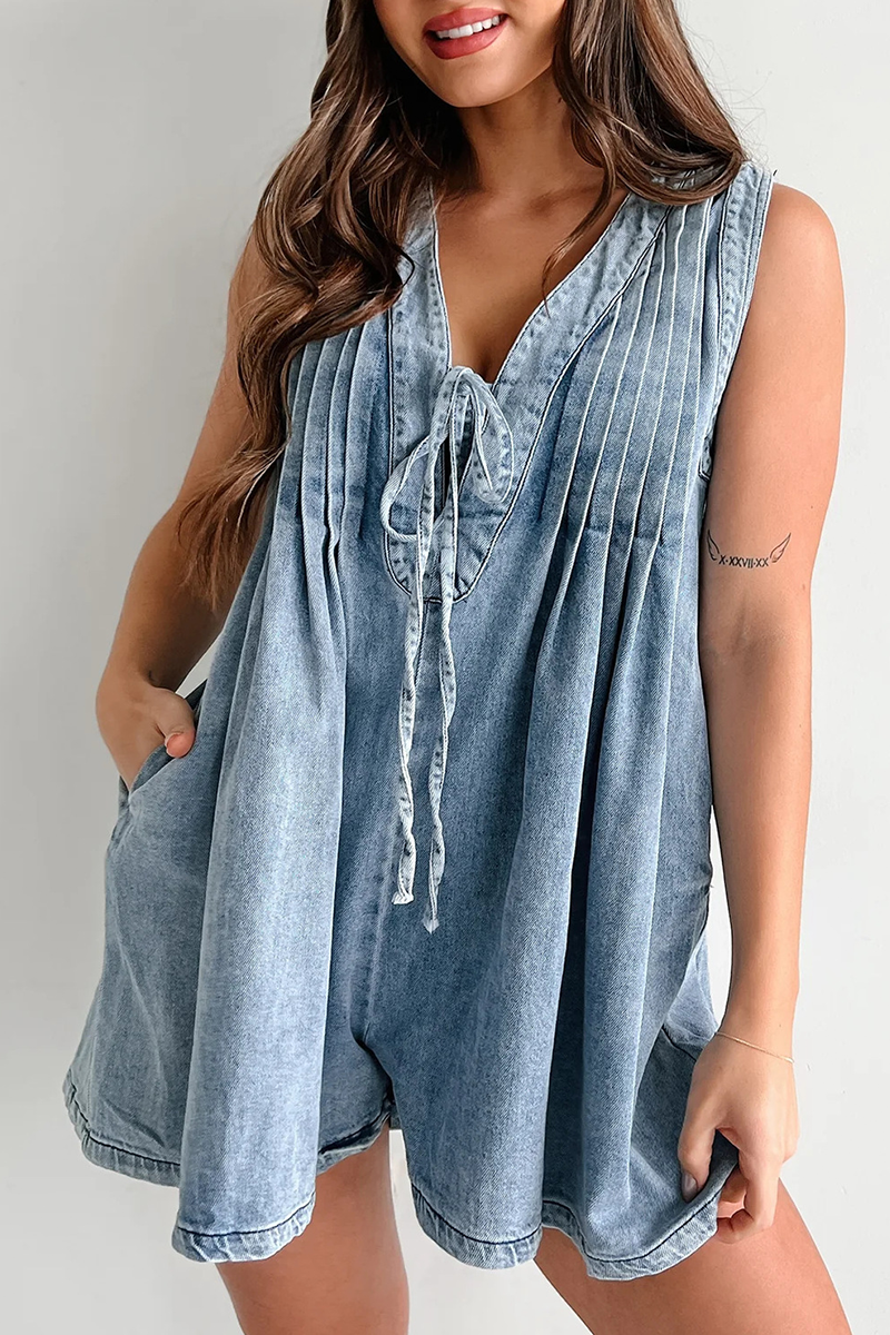 Women's V-neck Patchwork Pleated Washed Water Casual Short Jumpsuit - Seldom Seen Styles