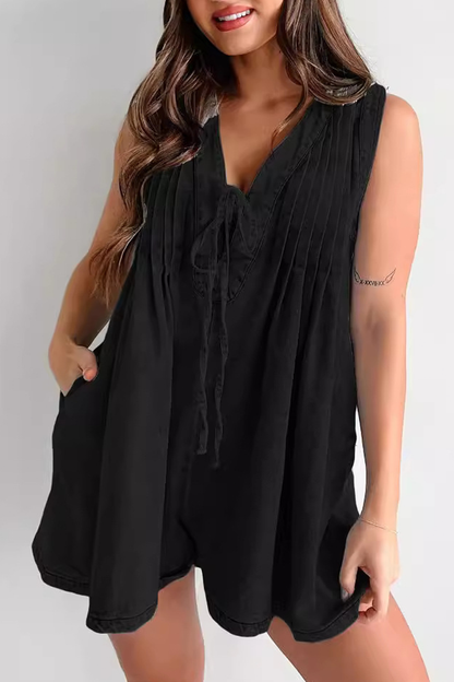 Women's V-neck Patchwork Pleated Washed Water Casual Short Jumpsuit - Seldom Seen Styles