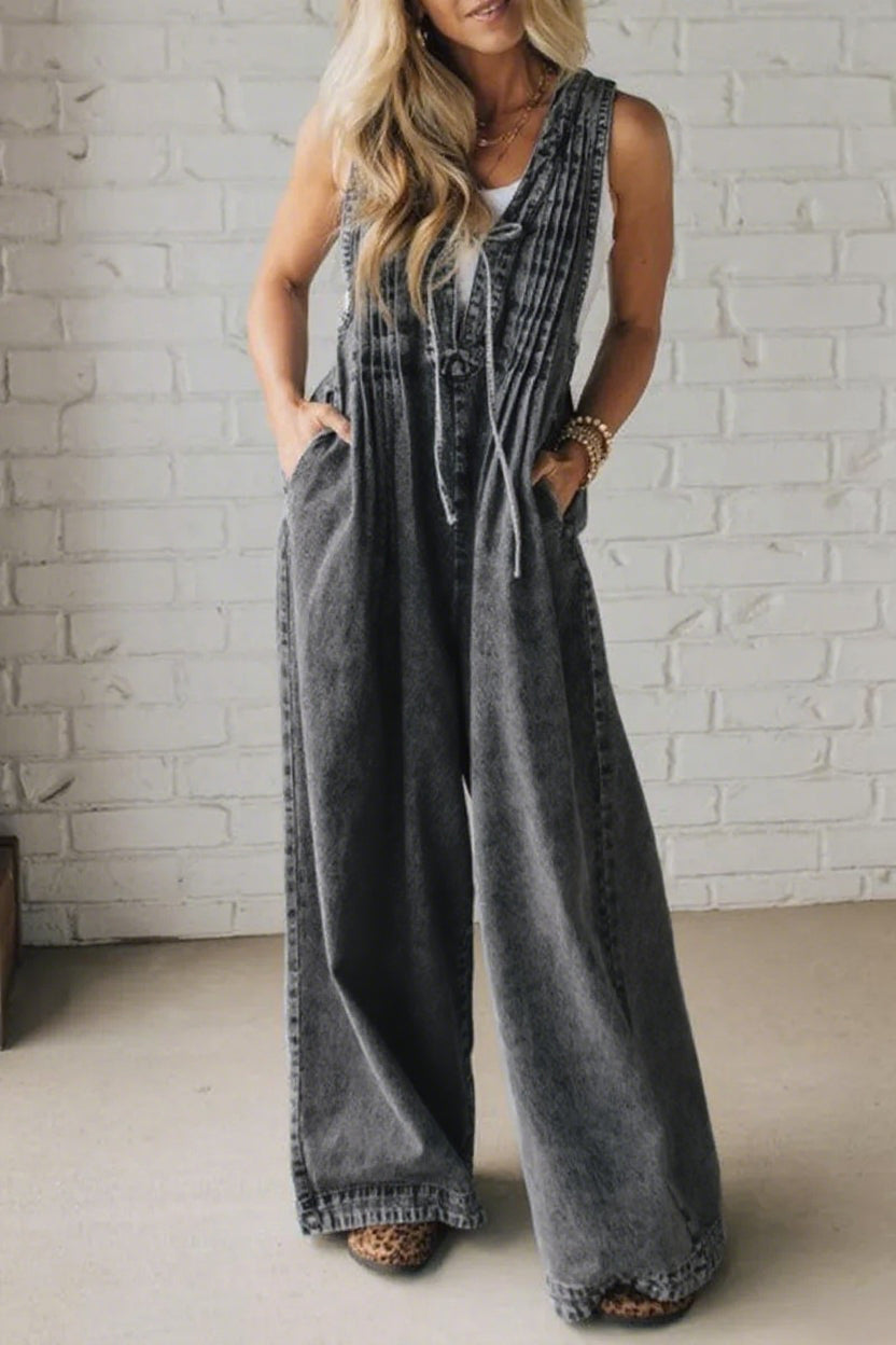 Ladies' Shoulder Strap Hollow Splicing Pleated Casual Jumpsuit - Seldom Seen Styles