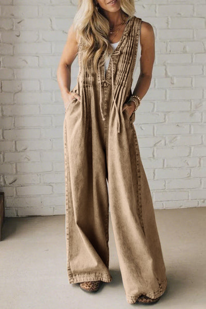 Ladies' Shoulder Strap Hollow Splicing Pleated Casual Jumpsuit - Seldom Seen Styles