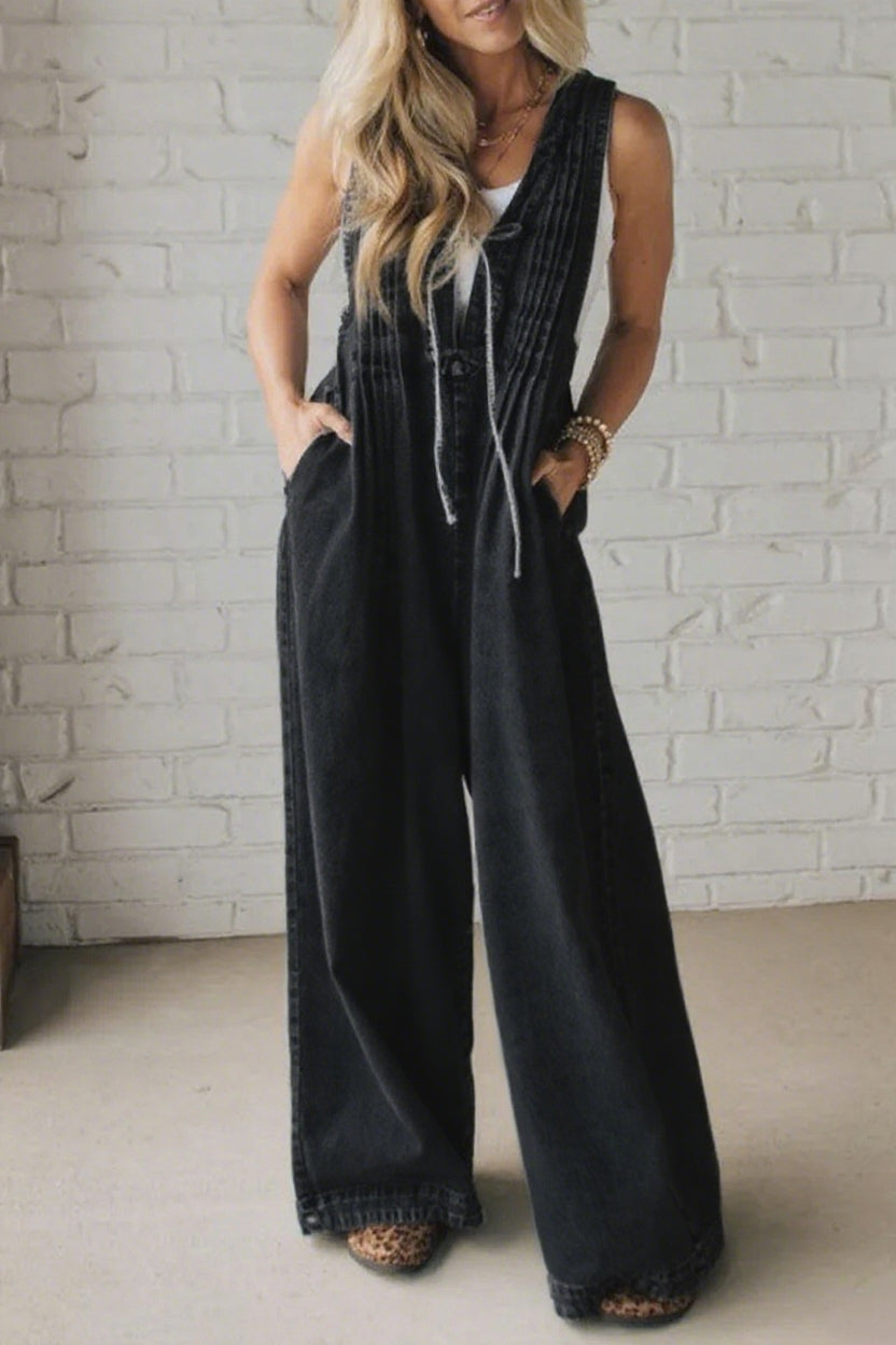 Ladies' Shoulder Strap Hollow Splicing Pleated Casual Jumpsuit - Seldom Seen Styles
