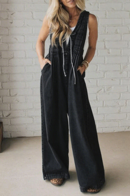 Ladies' Shoulder Strap Hollow Splicing Pleated Casual Jumpsuit - Seldom Seen Styles