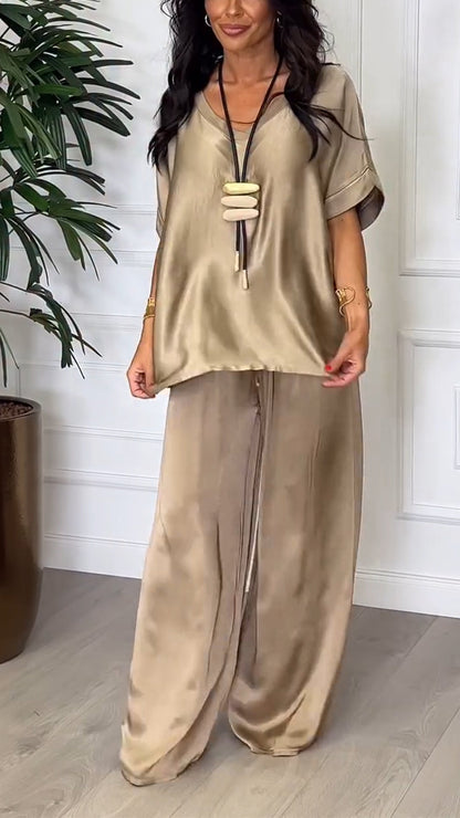 Ladies' Round Neck Satin Solid Color Loose Casual Suit - Seldom Seen Styles