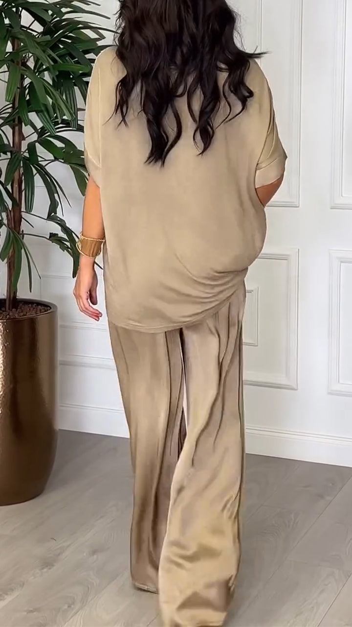 Ladies' Round Neck Satin Solid Color Loose Casual Suit - Seldom Seen Styles