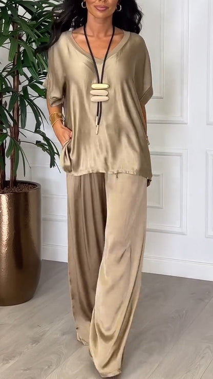 Ladies' Round Neck Satin Solid Color Loose Casual Suit - Seldom Seen Styles