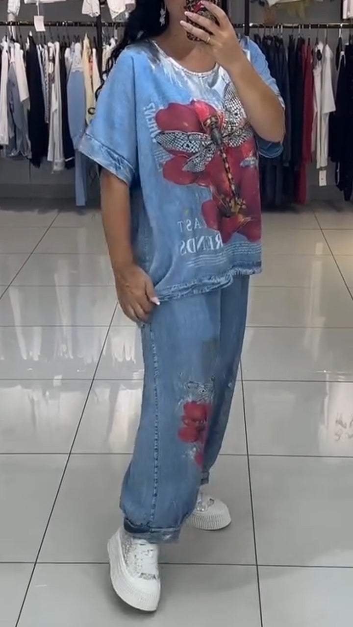 Ladies' Round Neck Printed Top + Pants Casual Set - Seldom Seen Styles