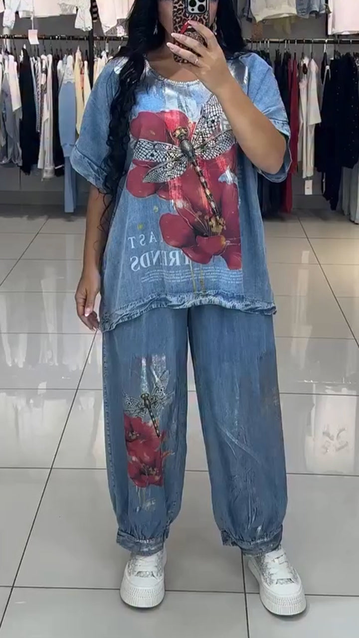 Ladies' Round Neck Printed Top + Pants Casual Set - Seldom Seen Styles