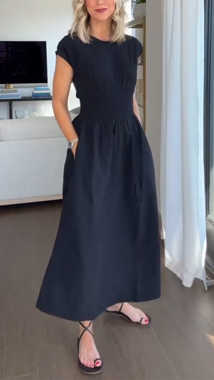 Ladies' Round Neck Spliced Solid Color Casual Dress - Seldom Seen Styles