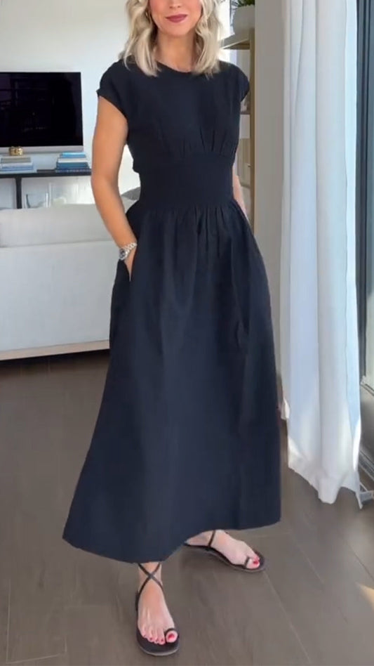 Ladies' Round Neck Spliced Solid Color Casual Dress - Seldom Seen Styles