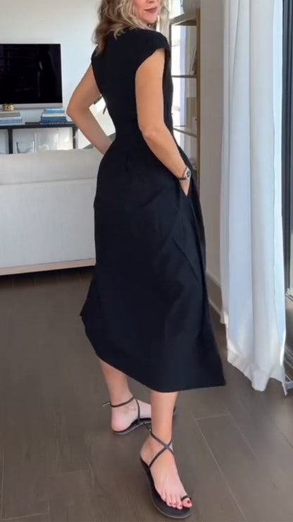 Ladies' Round Neck Spliced Solid Color Casual Dress - Seldom Seen Styles