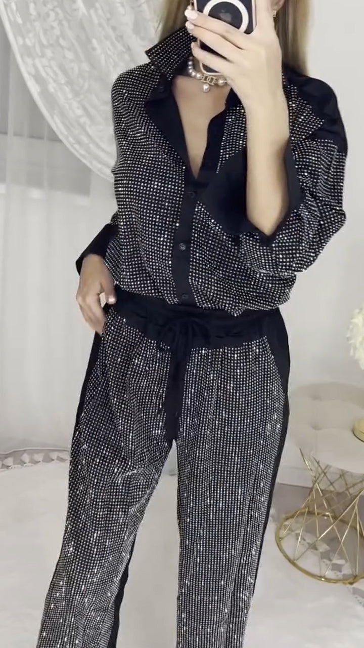 Ladies' Collar Hot Pressed Diamond Splicing Top+ Pants Casual Set - Seldom Seen Styles