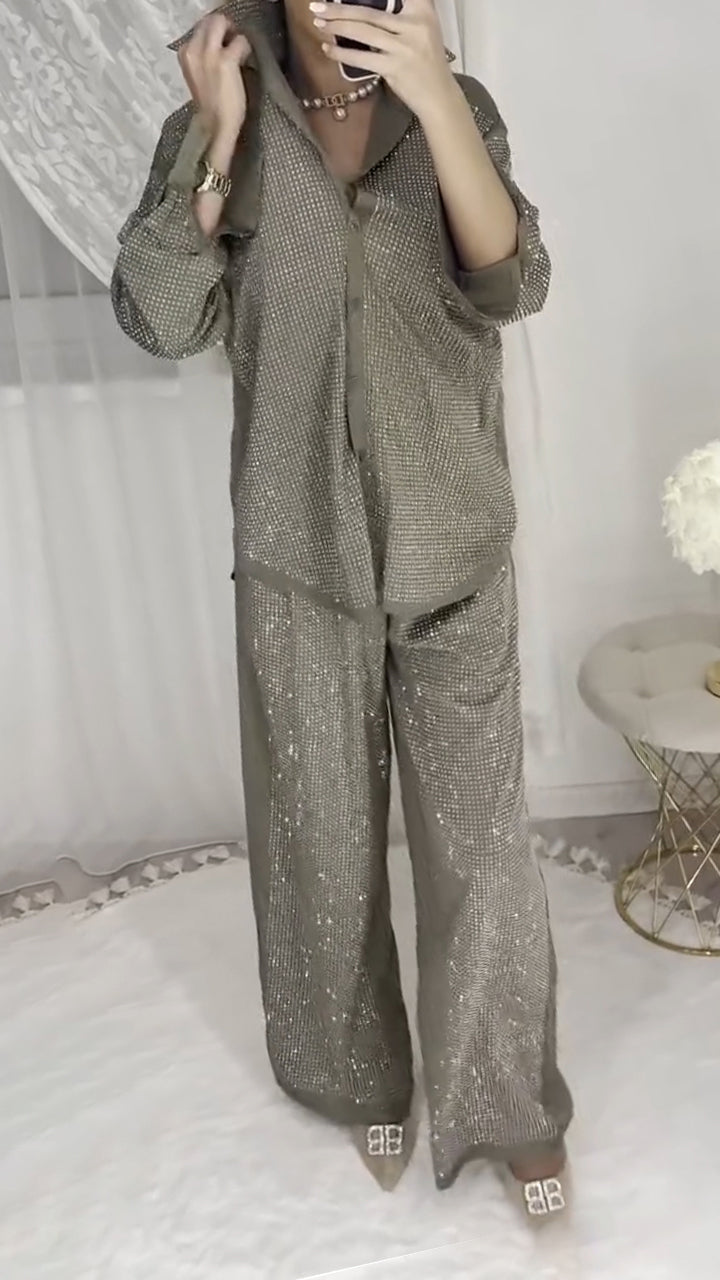 Ladies' Collar Hot Pressed Diamond Splicing Top+ Pants Casual Set - Seldom Seen Styles