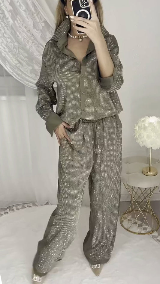 Ladies' Collar Hot Pressed Diamond Splicing Top+ Pants Casual Set - Seldom Seen Styles