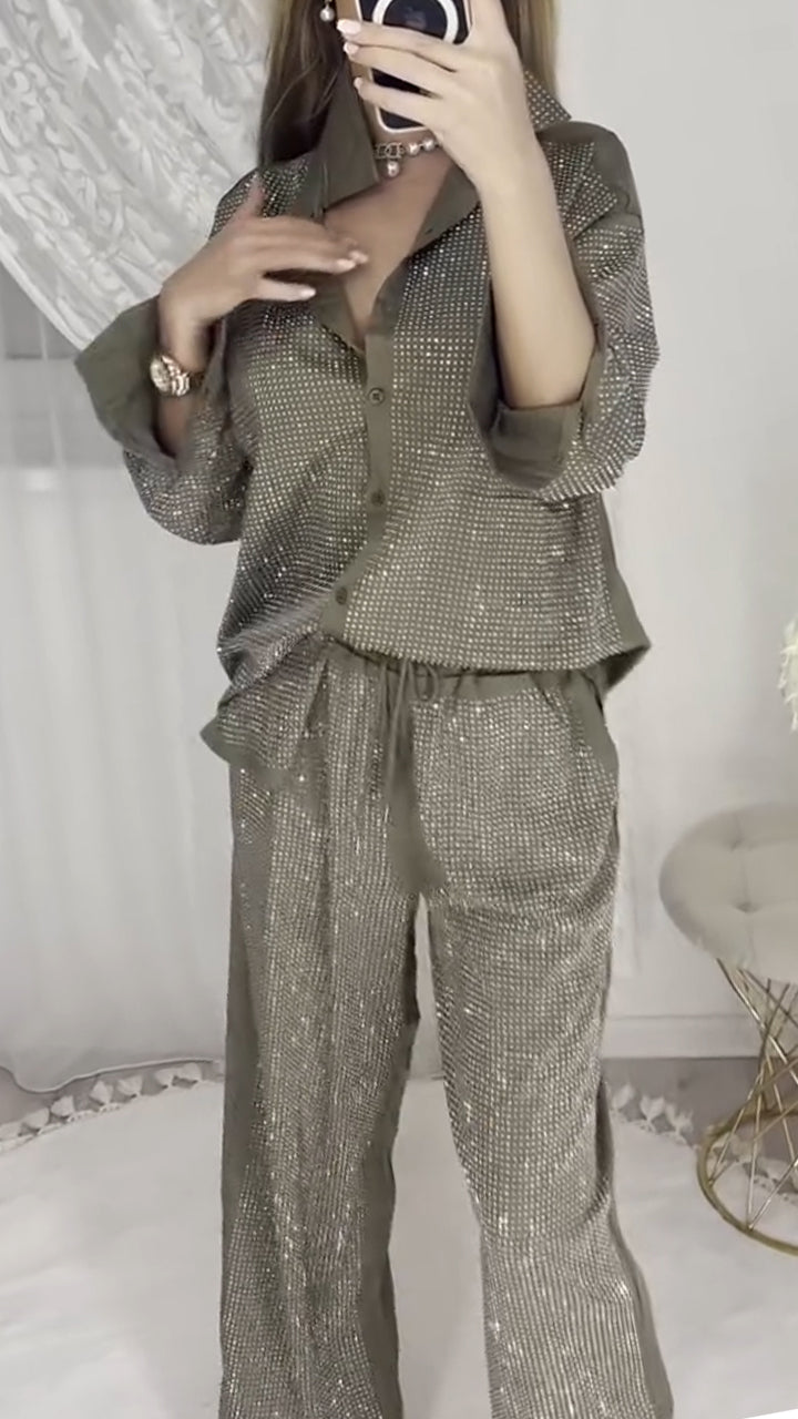 Ladies' Collar Hot Pressed Diamond Splicing Top+ Pants Casual Set - Seldom Seen Styles