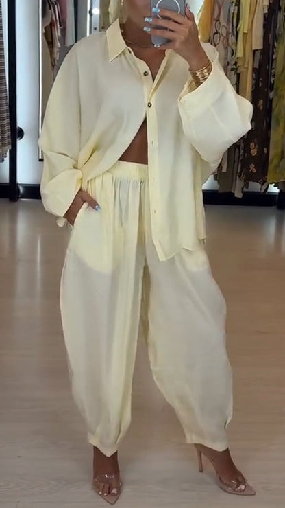 Ladies' Collar Shirt+ Pants Solid Color Casual Suit - Seldom Seen Styles