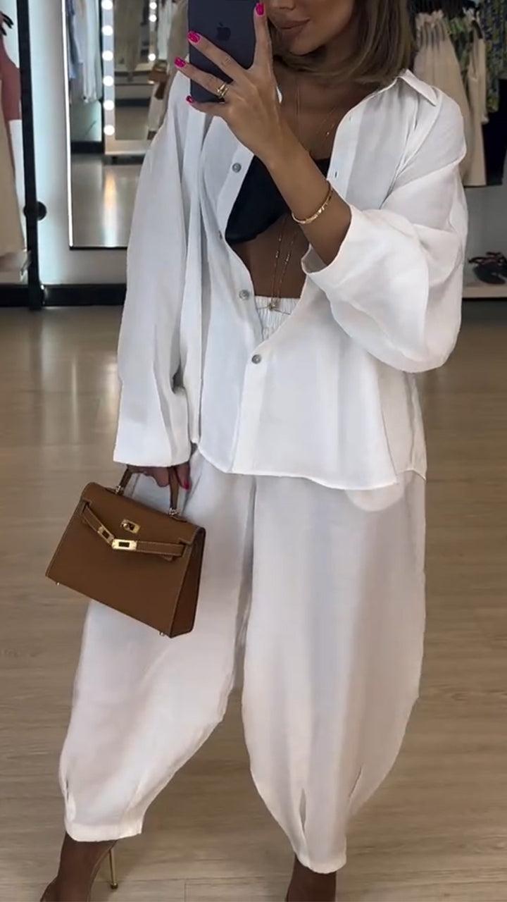 Ladies' Collar Shirt+ Pants Solid Color Casual Suit - Seldom Seen Styles