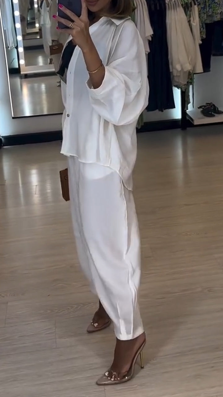 Ladies' Collar Shirt+ Pants Solid Color Casual Suit - Seldom Seen Styles